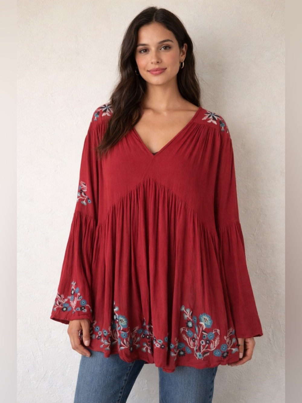 Free People Te Amo Maroon Floral Embroidered Mini Dress Small